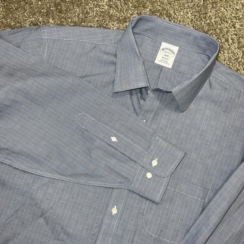 Brooks Brothers Regent Fit Blue Checkered Dress Shirt 18 34/35 Non-Iron Cotton